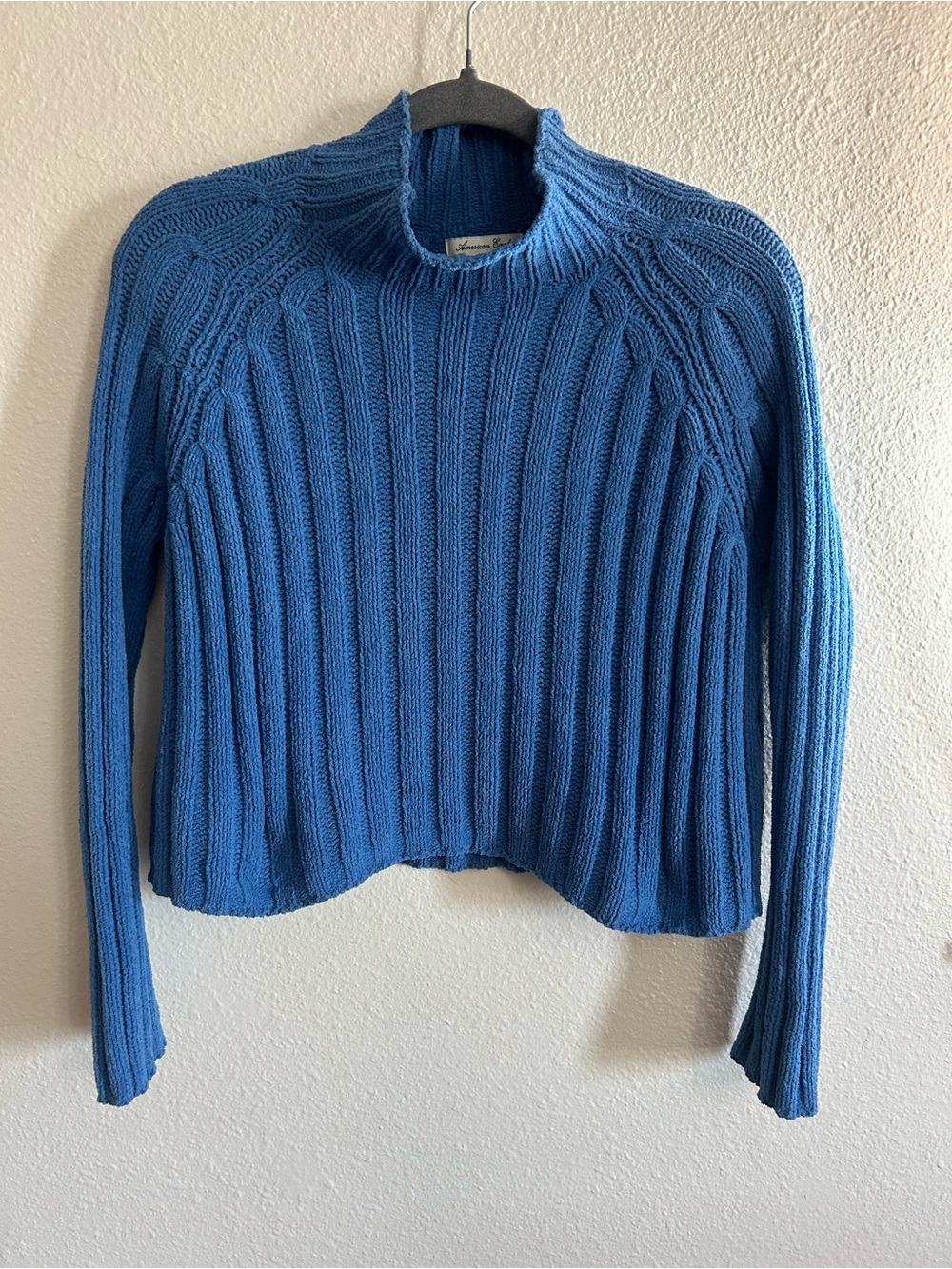 American Eagle Mockneck Cropped Knit Cobalt Blue Sweater Womens Size S